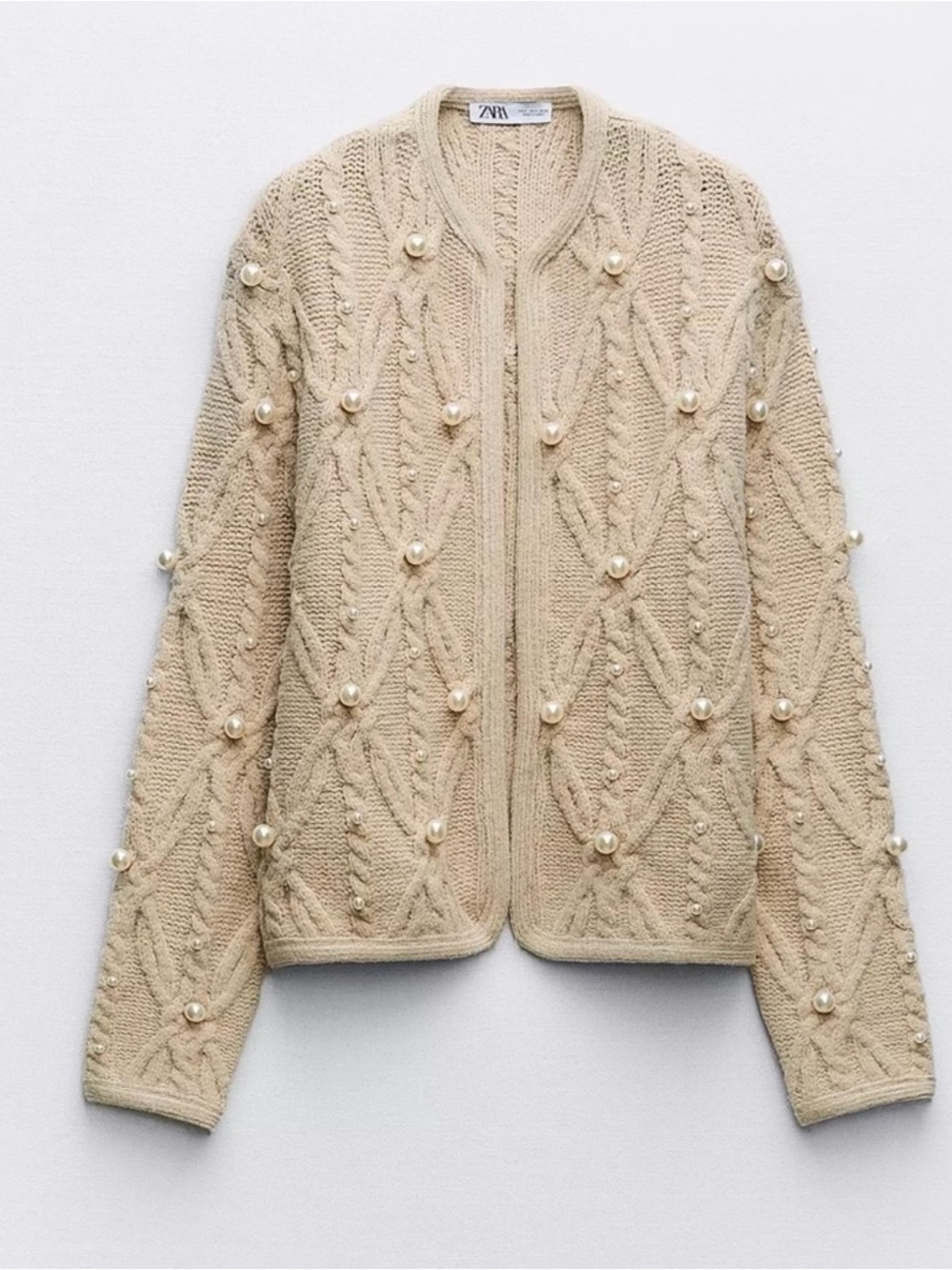 NWT, Zara Cream Pearl-Embellished Cable Knit Cardigan